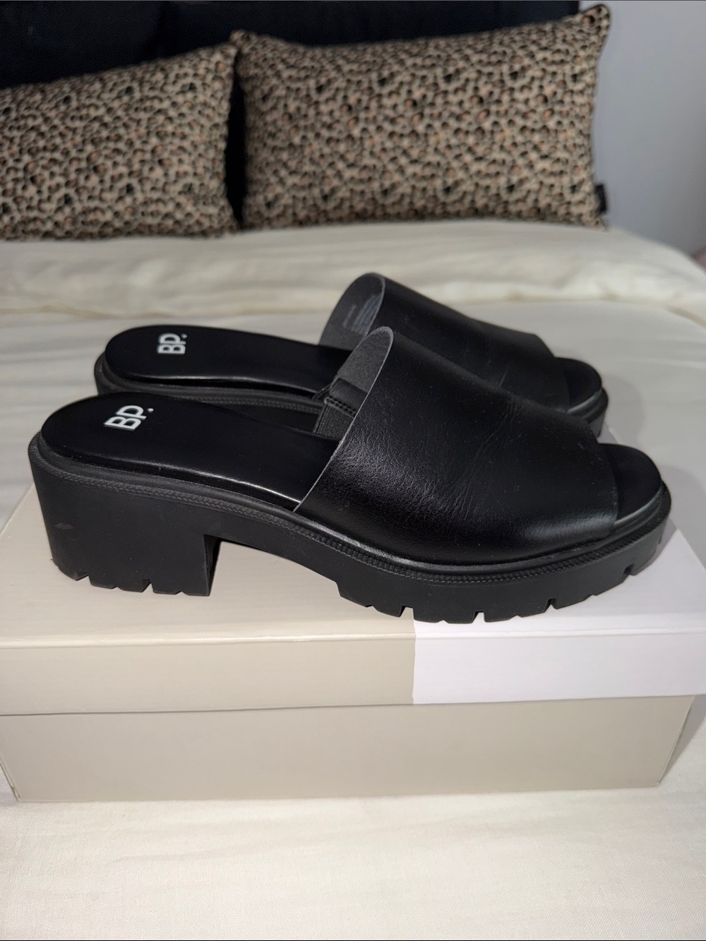 bp Black Platform Slide Mules with Chunky Heel